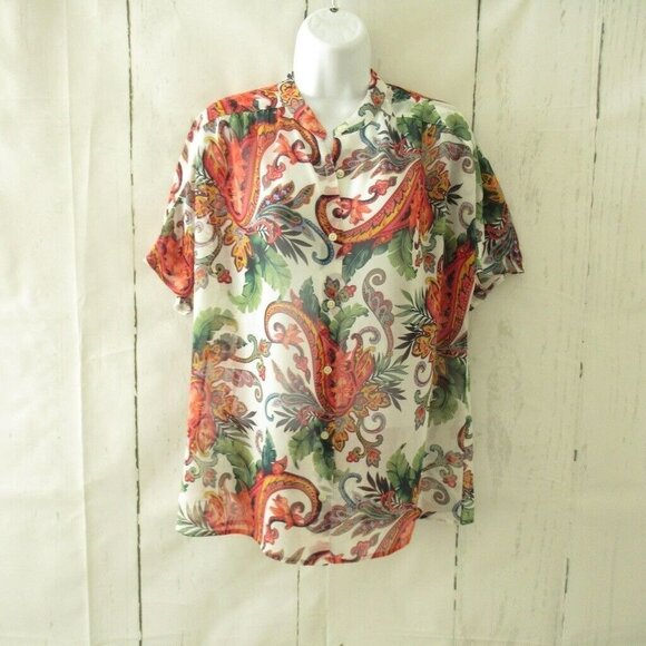 Tommy Bahama Top S White Paisley Floral Sheer Button Up Short Sleeve Boho Beach - Picture 1 of 6